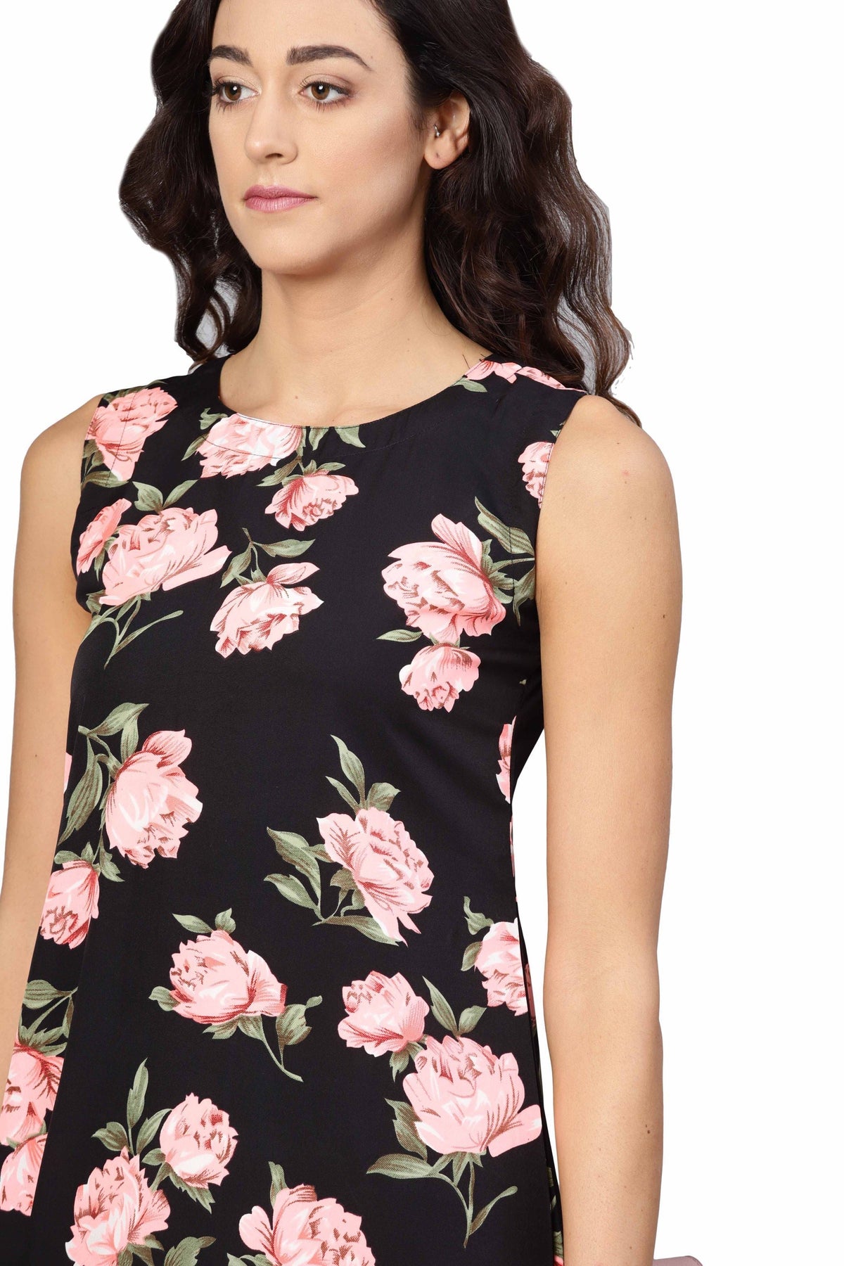 Women's Black & Pink Poly Crepe Printed Sleveeless Round Neck Dress - Vartalaap