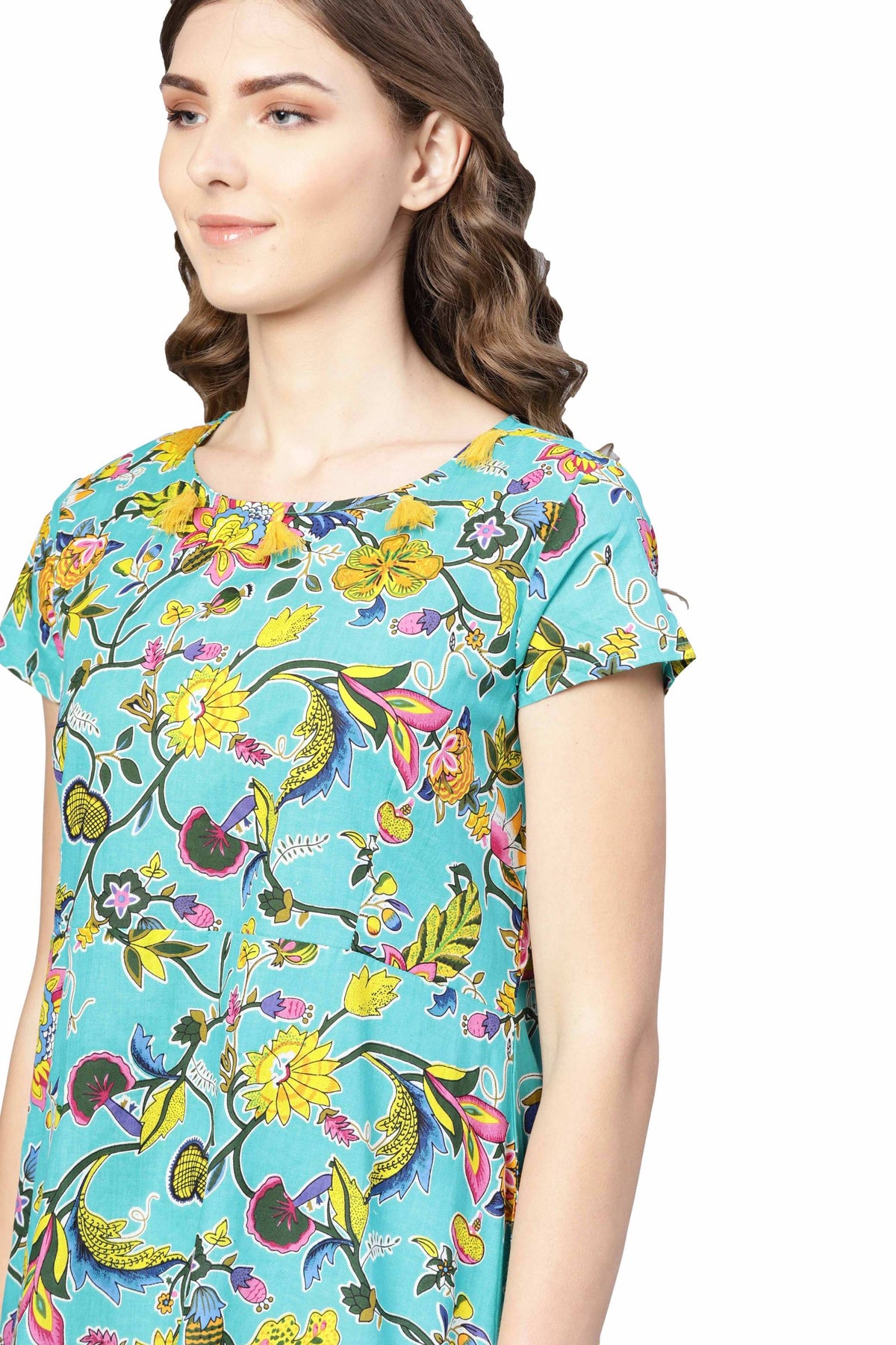 Women's Multi Cotton Printed Round Neck Dress - Vartalaap