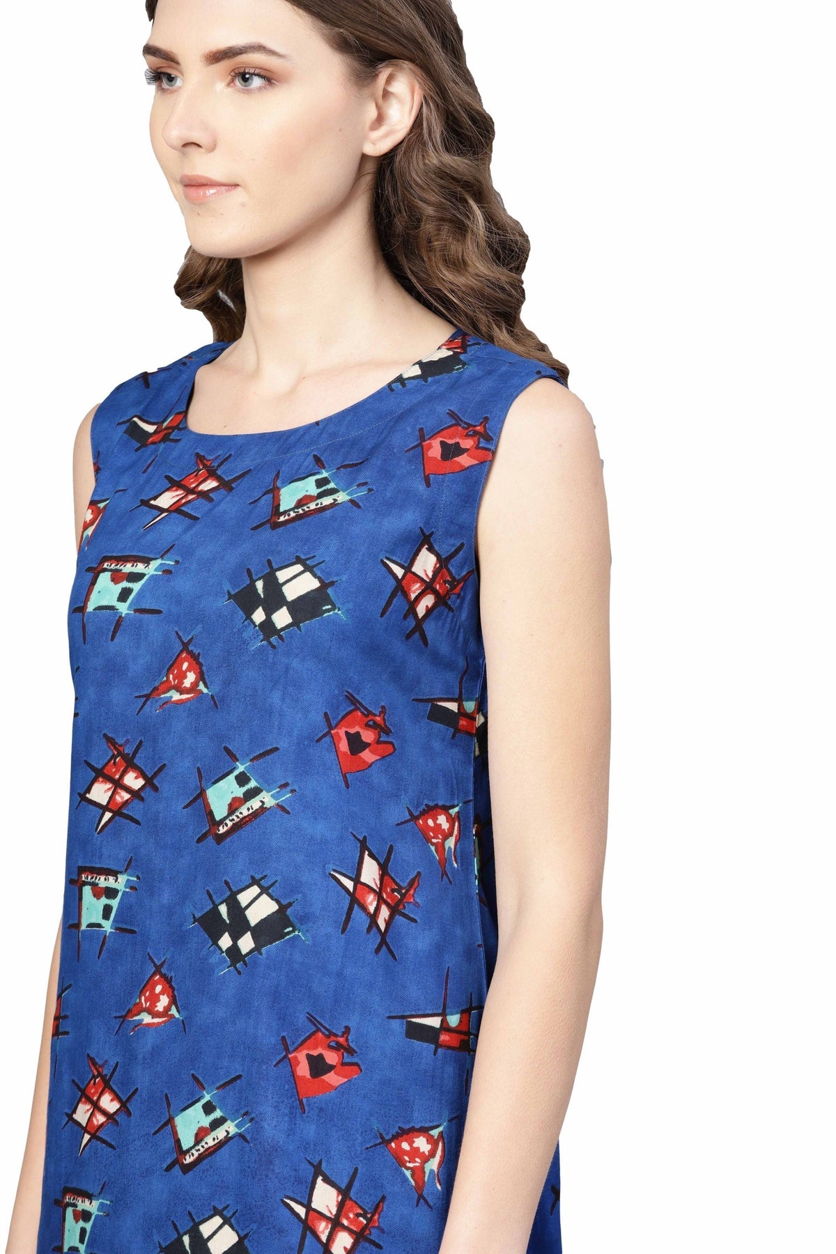 Women's Blue Rayon Printed Sleveeless Round Neck Dress - Vartalaap