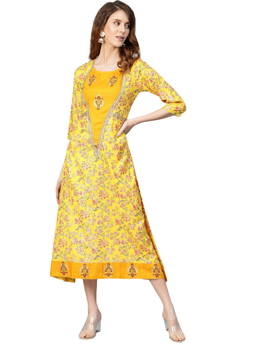 Women's Yellow Printed 3/4 Sleeve Cotton Slub Round Neck Casual Dress - Vartalaap