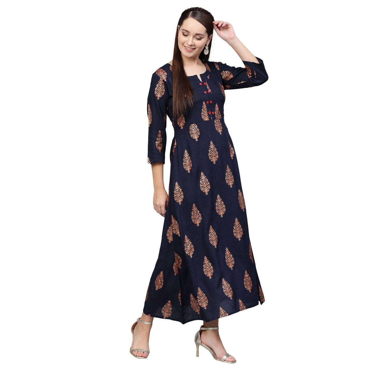 Women Navy Blue Cotton Printed Dress by Vartalaap (1 Pc Set)