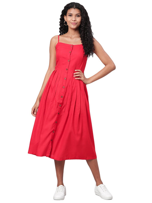 Women's Red Printed Sleeveless Cotton Slub Streps Neck Casual Dress - Vartalaap