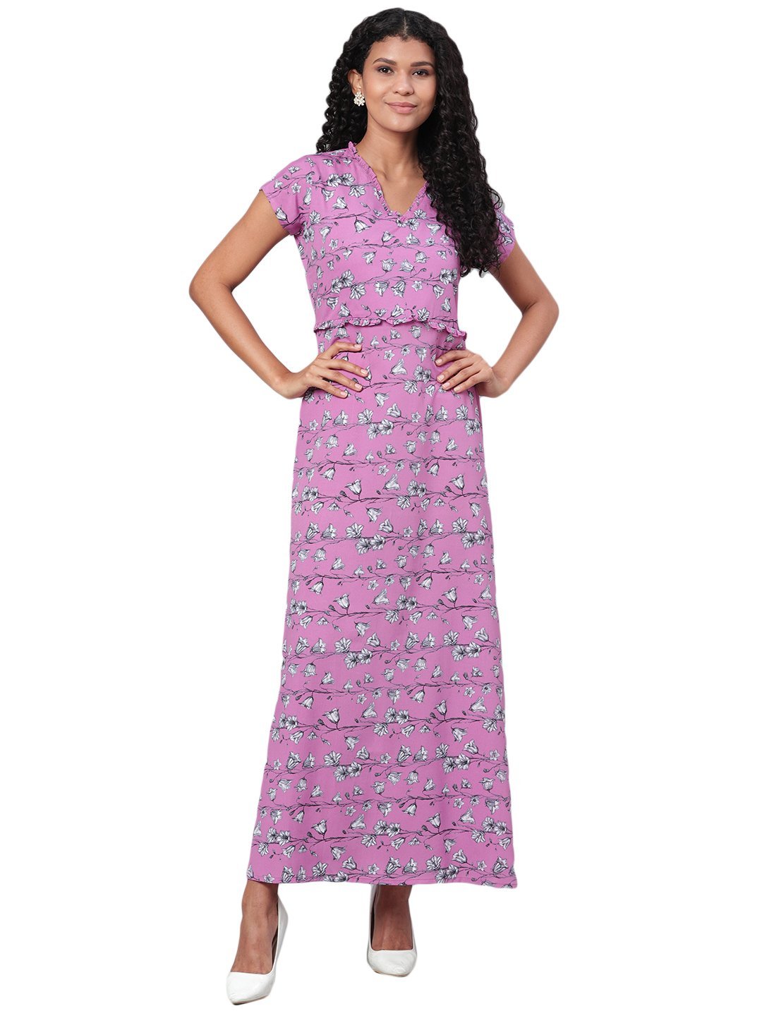 Women's Purple Printed Short Sleeve Polyester V Neck Casual Dress - Vartalaap