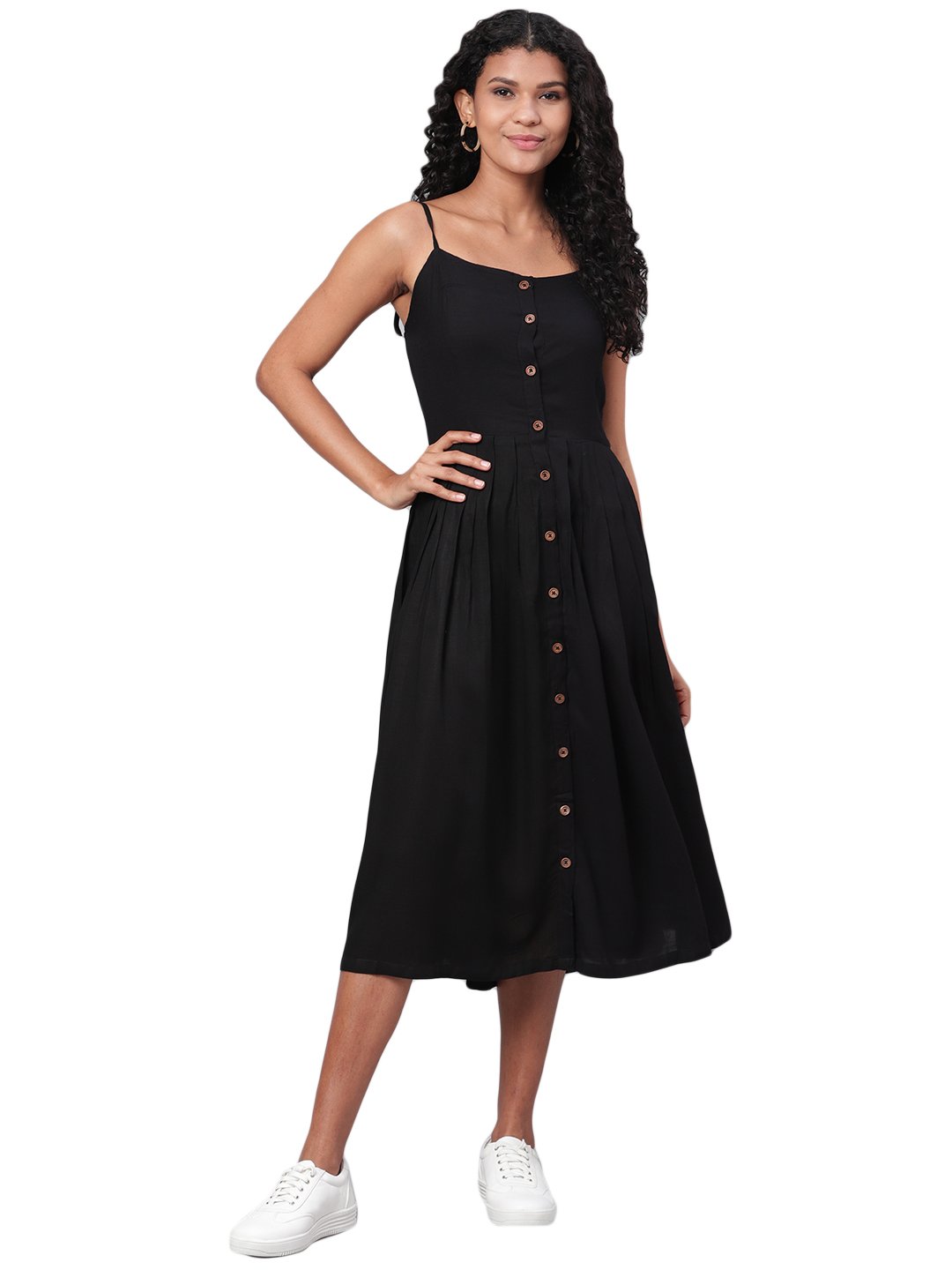 Women's Black Solid Sleeveless Cotton Streps Neck Casual Dress - Vartalaap