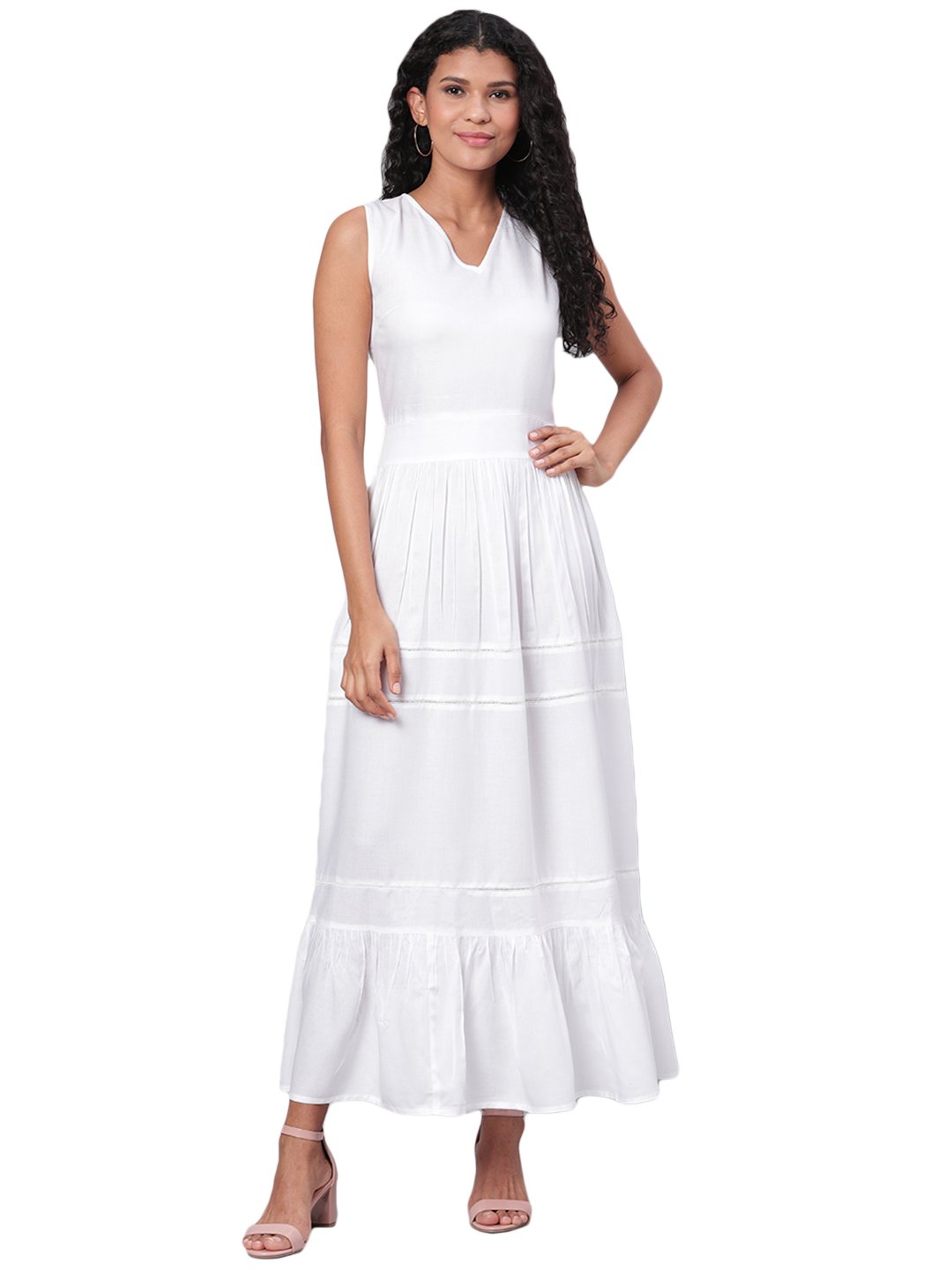 Women's White Solid Sleeveless Cotton V Neck Casual Dress - Vartalaap