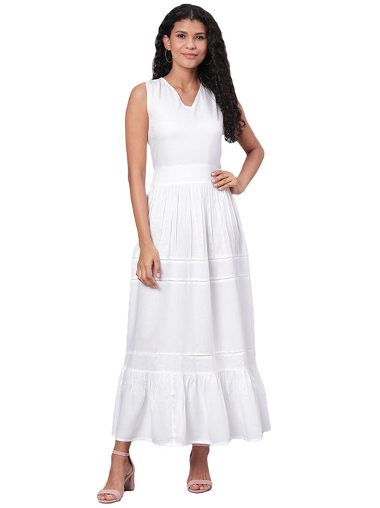 Women's White Solid Sleeveless Cotton V Neck Casual Dress - Vartalaap