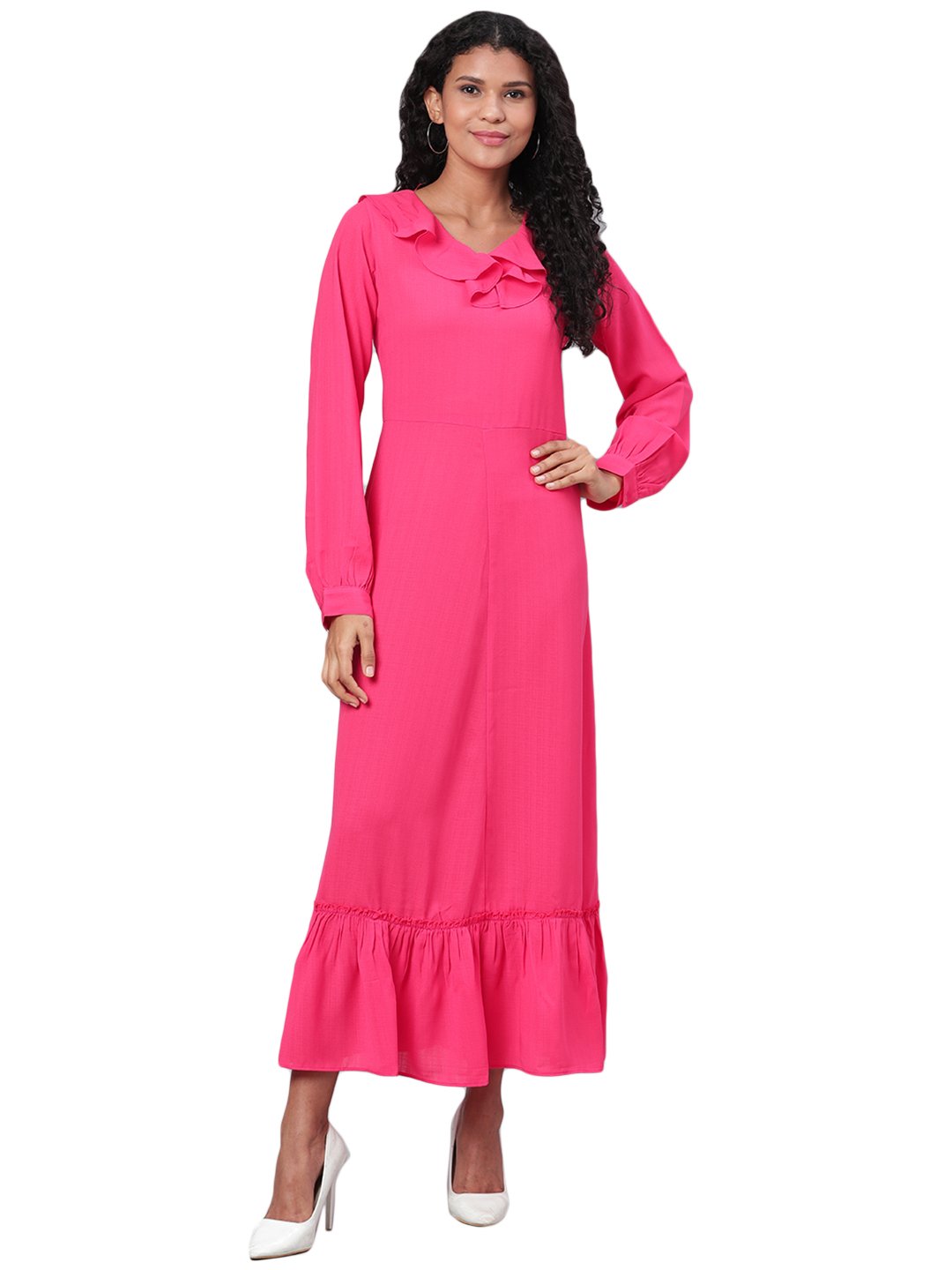 Women's Pink Solid Full Sleeve Polyester V Neck Casual Dress - Vartalaap