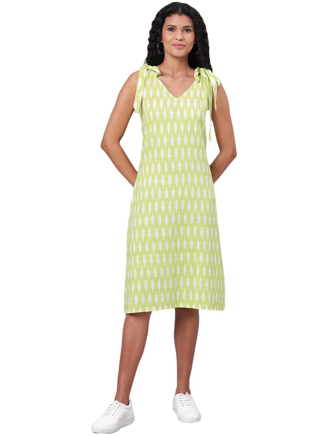 Women's Green Printed Sleeveless Cotton Slub V Neck Casual Dress - Vartalaap
