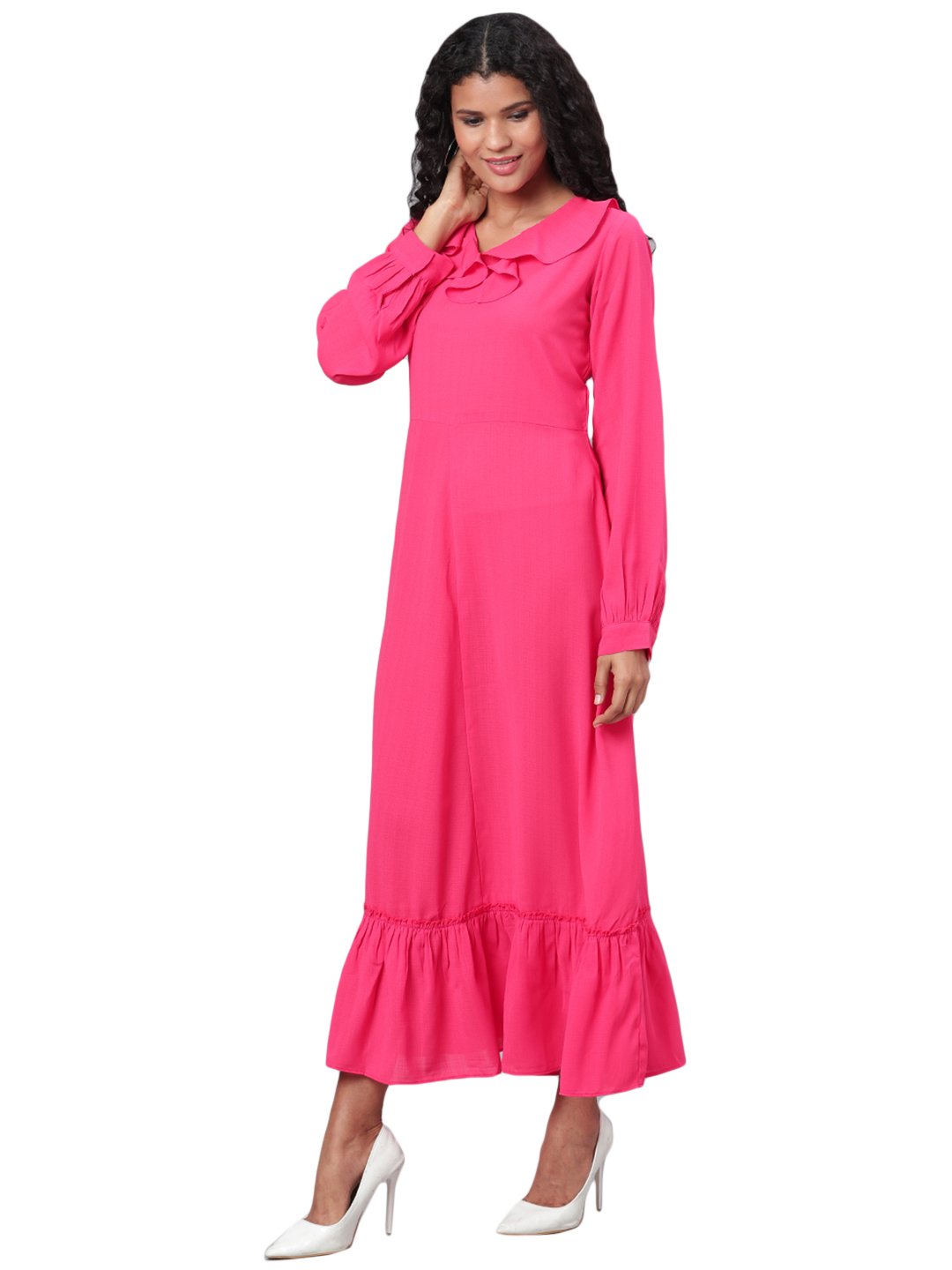 Women's Pink Solid Full Sleeve Polyester V Neck Casual Dress - Vartalaap
