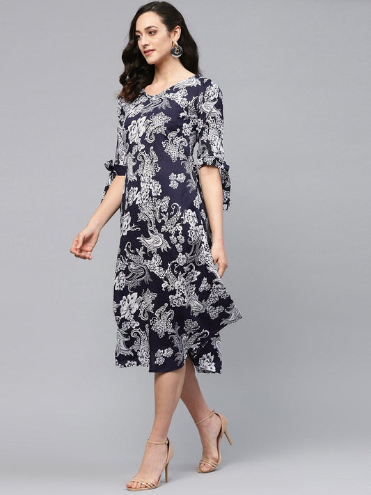 Women Navy Blue Printed Dress by Vartalaap (1 Pc Set)