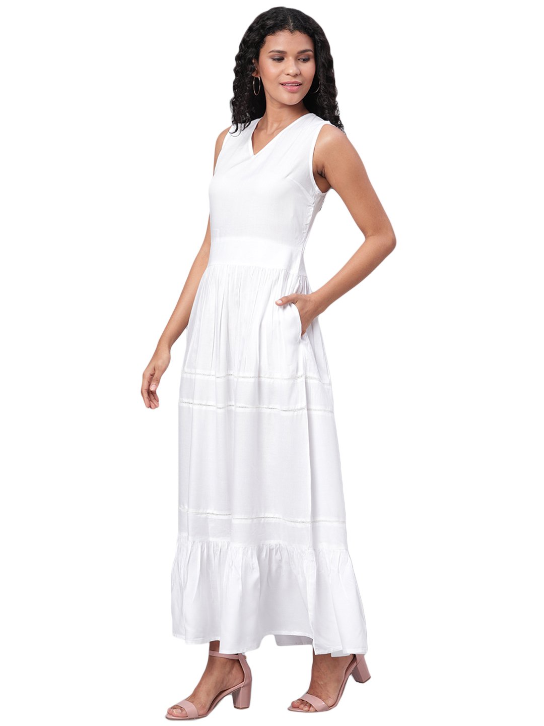 Women's White Solid Sleeveless Cotton V Neck Casual Dress - Vartalaap