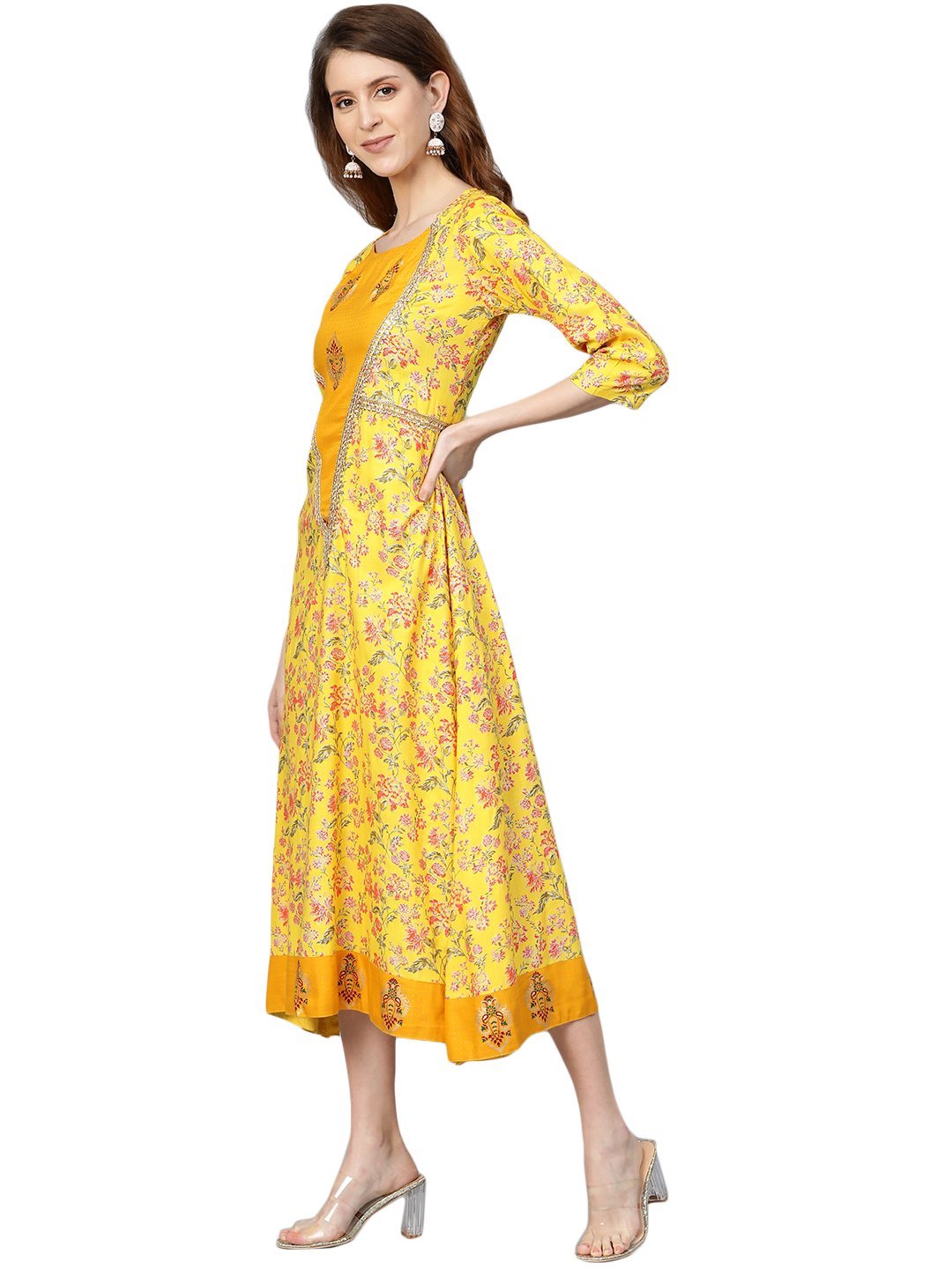 Women's Yellow Printed 3/4 Sleeve Cotton Slub Round Neck Casual Dress - Vartalaap