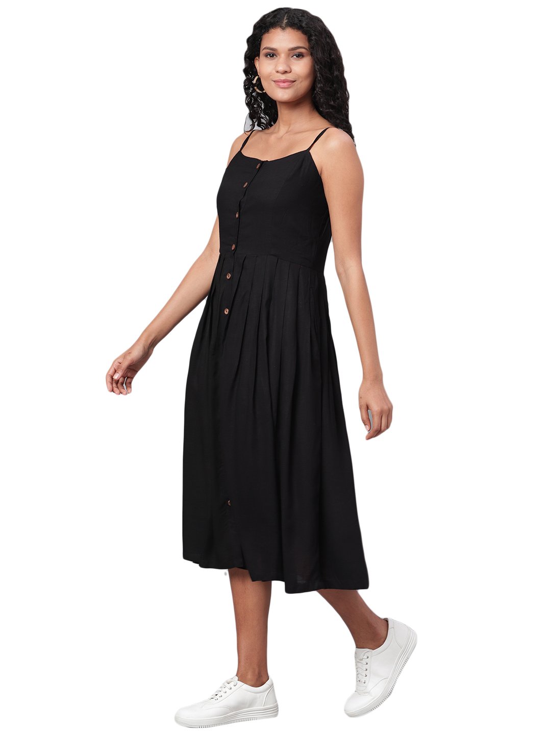 Women's Black Solid Sleeveless Cotton Streps Neck Casual Dress - Vartalaap