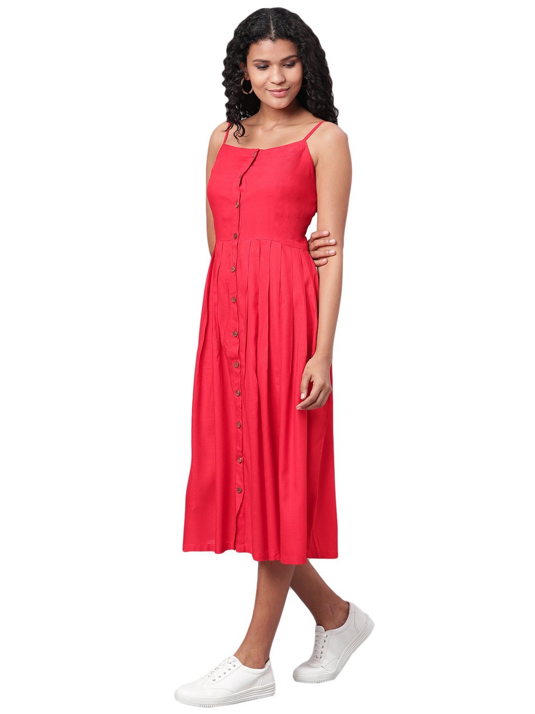Women's Red Printed Sleeveless Cotton Slub Streps Neck Casual Dress - Vartalaap