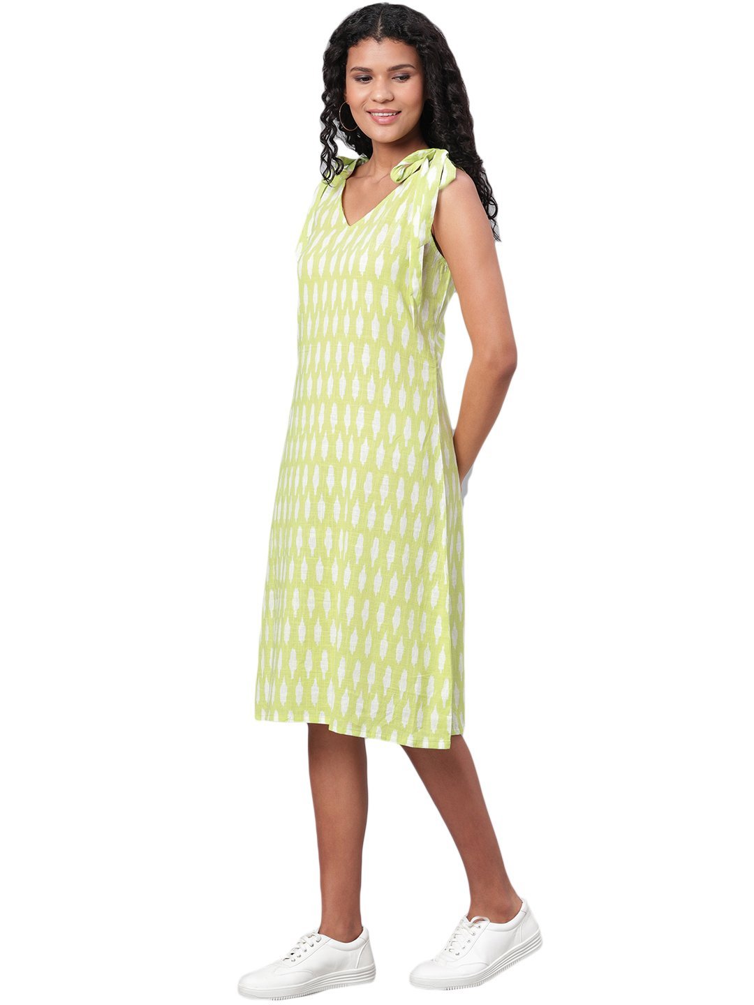 Women's Green Printed Sleeveless Cotton Slub V Neck Casual Dress - Vartalaap