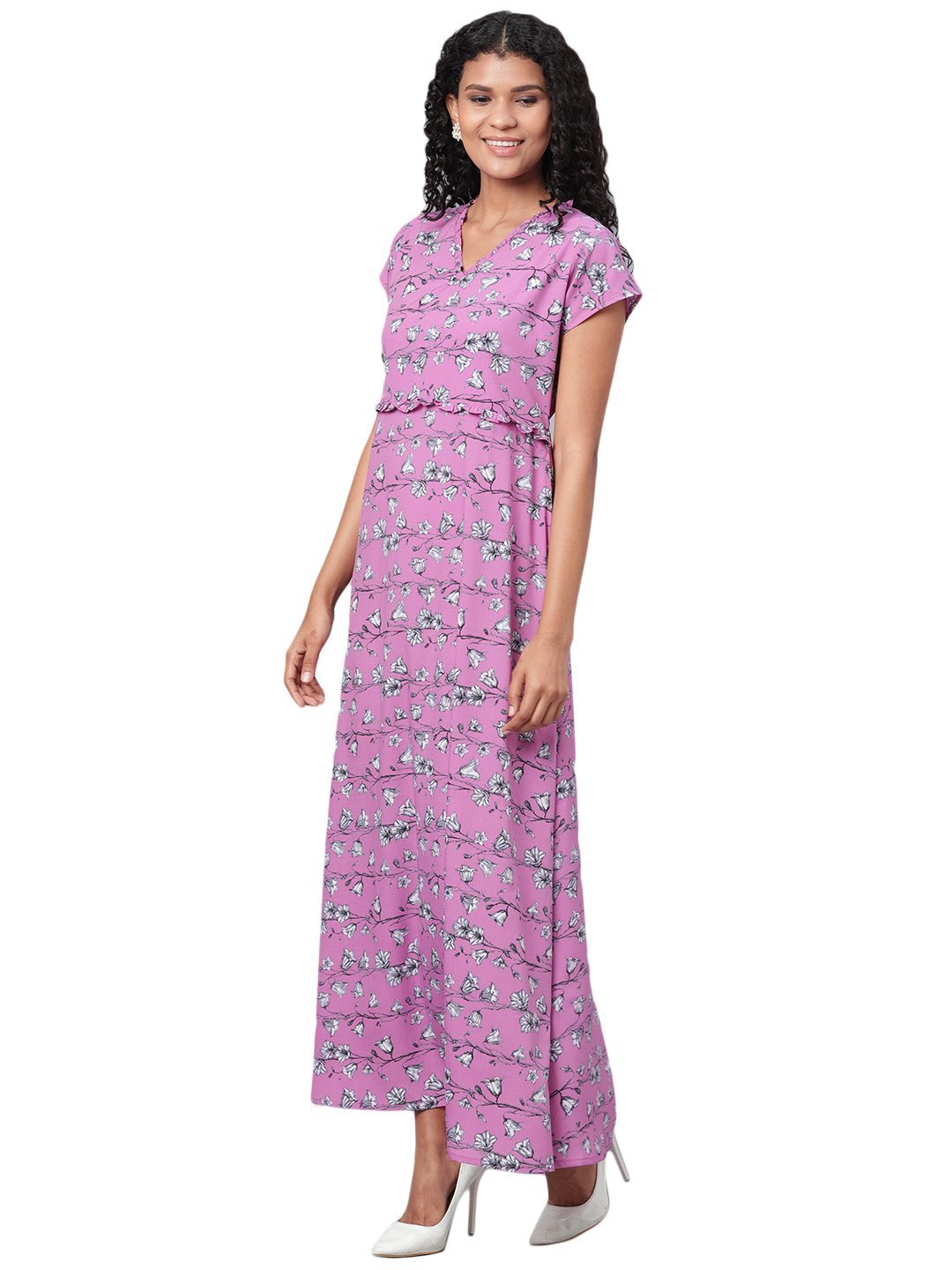 Women's Purple Printed Short Sleeve Polyester V Neck Casual Dress - Vartalaap