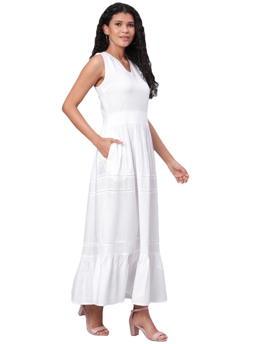 Women's White Solid Sleeveless Cotton V Neck Casual Dress - Vartalaap