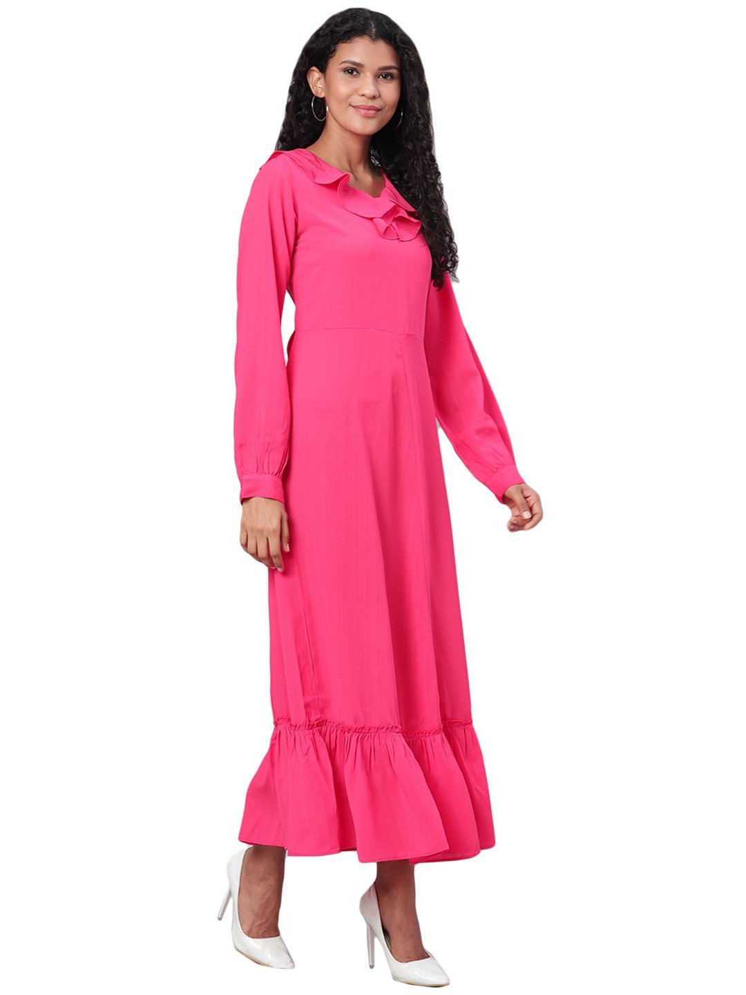 Women's Pink Solid Full Sleeve Polyester V Neck Casual Dress - Vartalaap