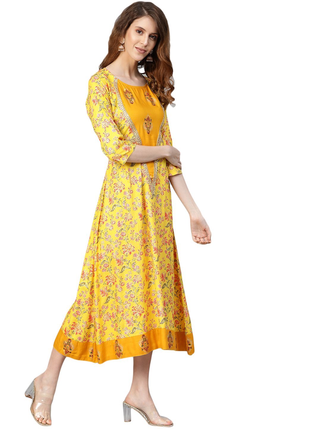 Women's Yellow Printed 3/4 Sleeve Cotton Slub Round Neck Casual Dress - Vartalaap