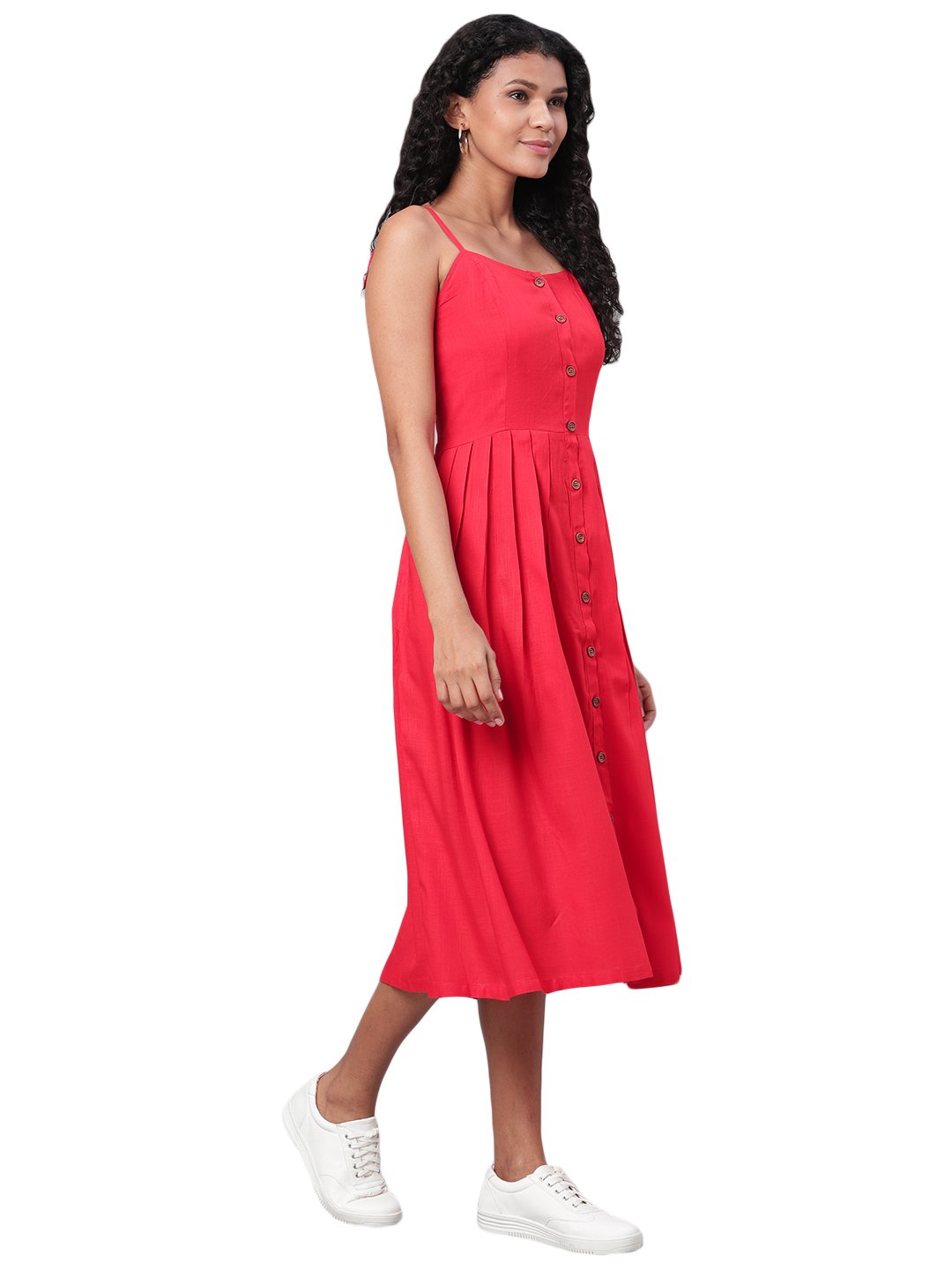 Women's Red Printed Sleeveless Cotton Slub Streps Neck Casual Dress - Vartalaap