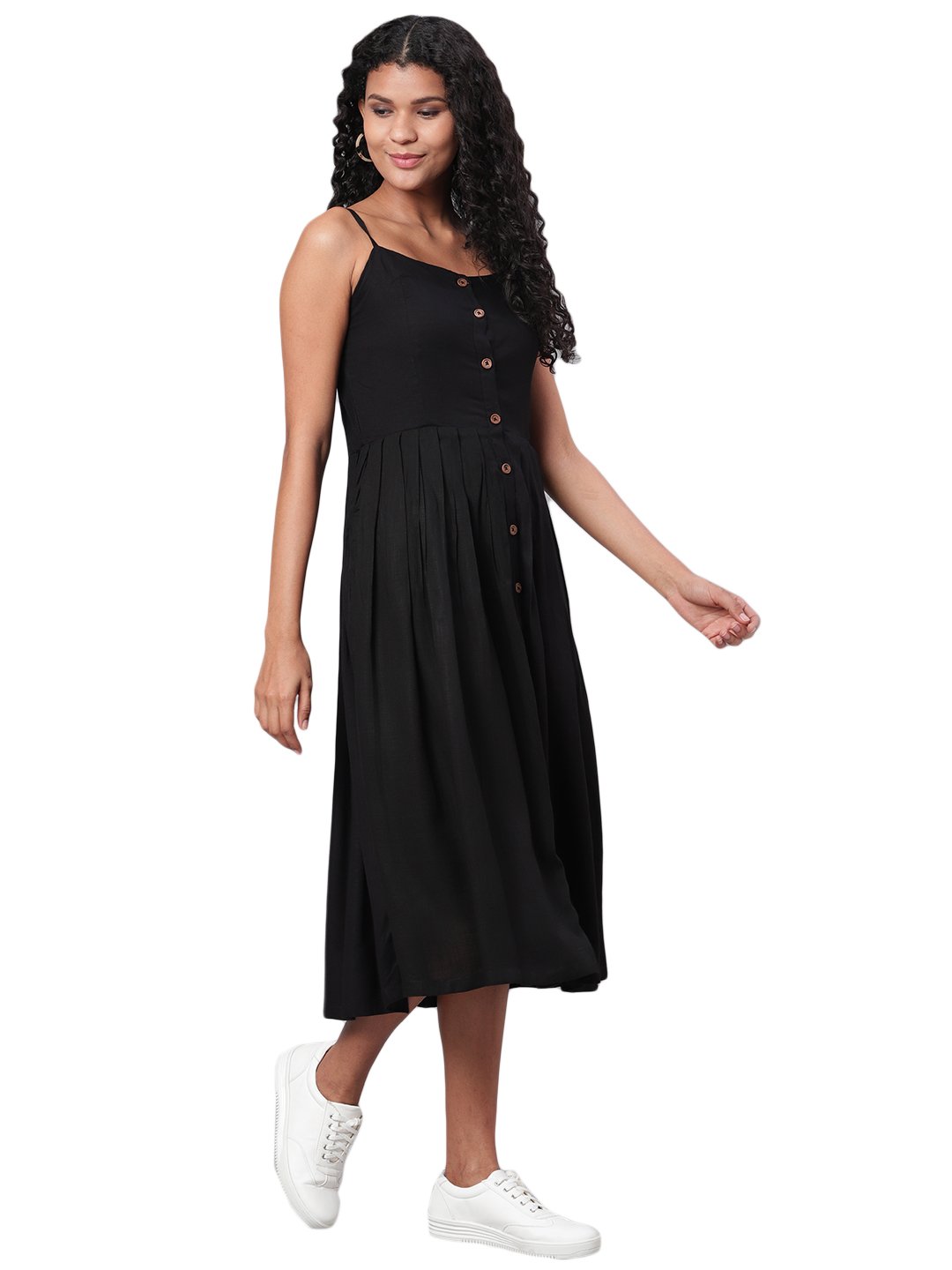 Women's Black Solid Sleeveless Cotton Streps Neck Casual Dress - Vartalaap
