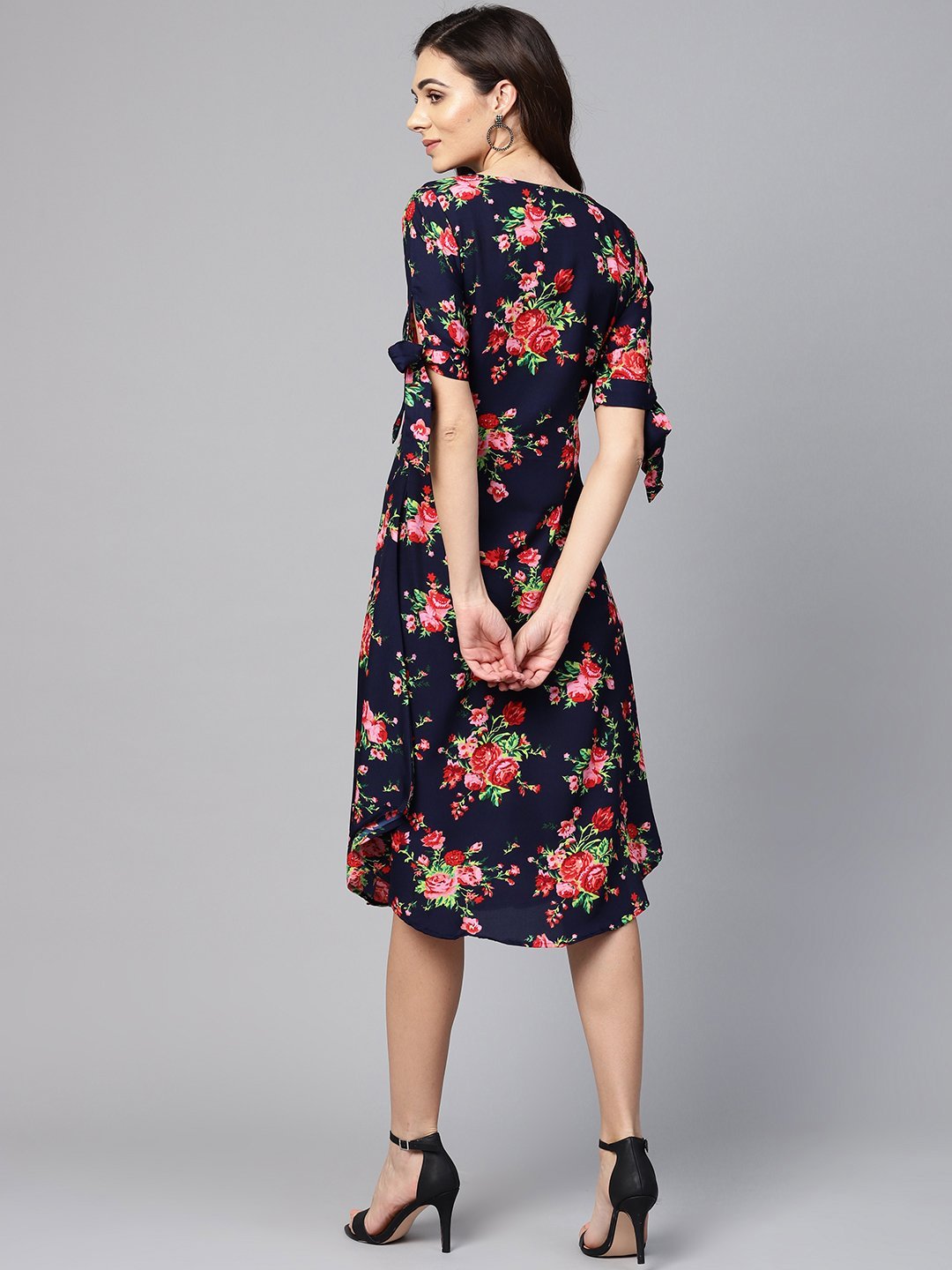 Women's Multi Polyester Printed Half Sleeve V Neck Dress - Vartalaap