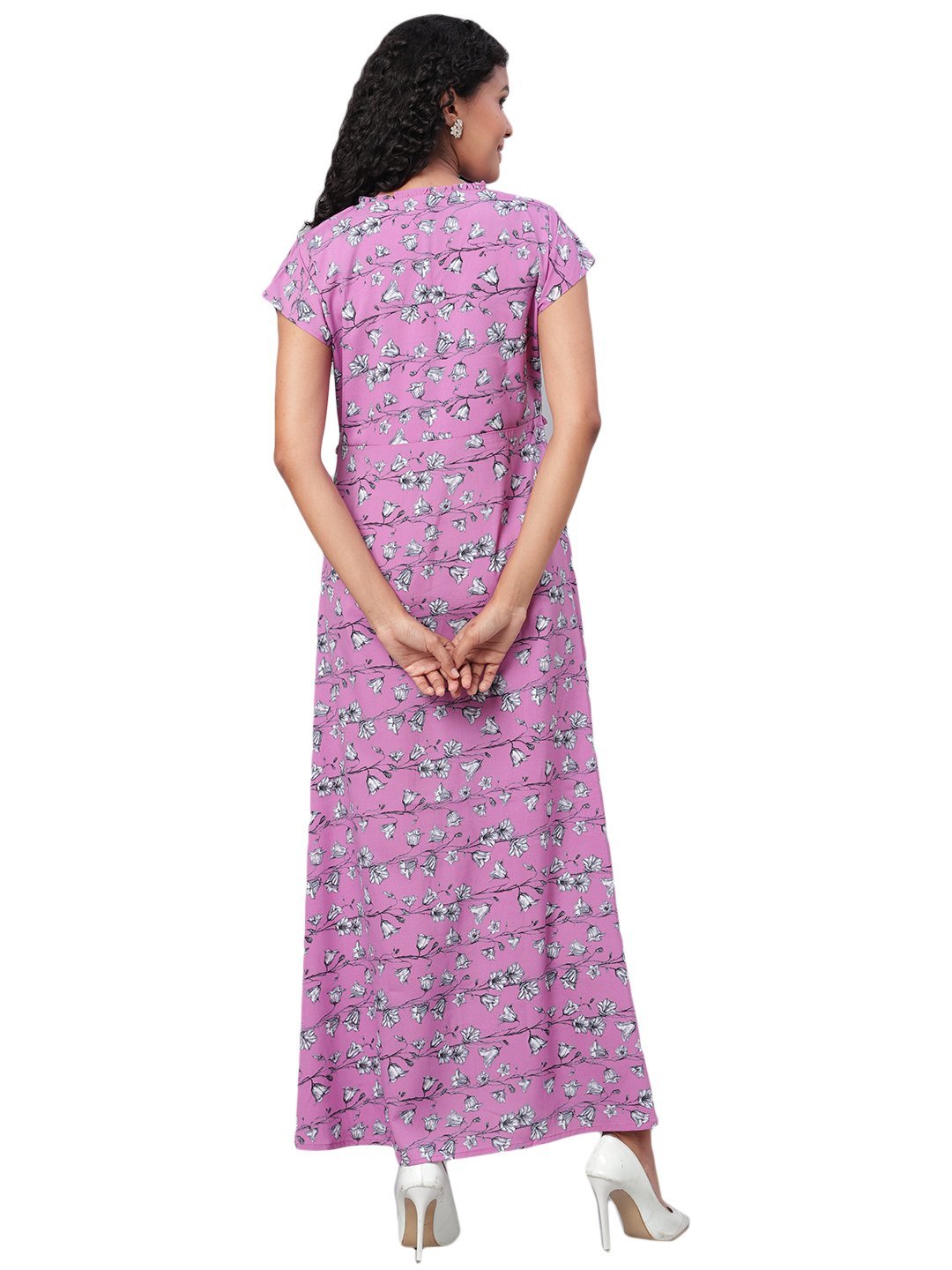 Women's Purple Printed Short Sleeve Polyester V Neck Casual Dress - Vartalaap