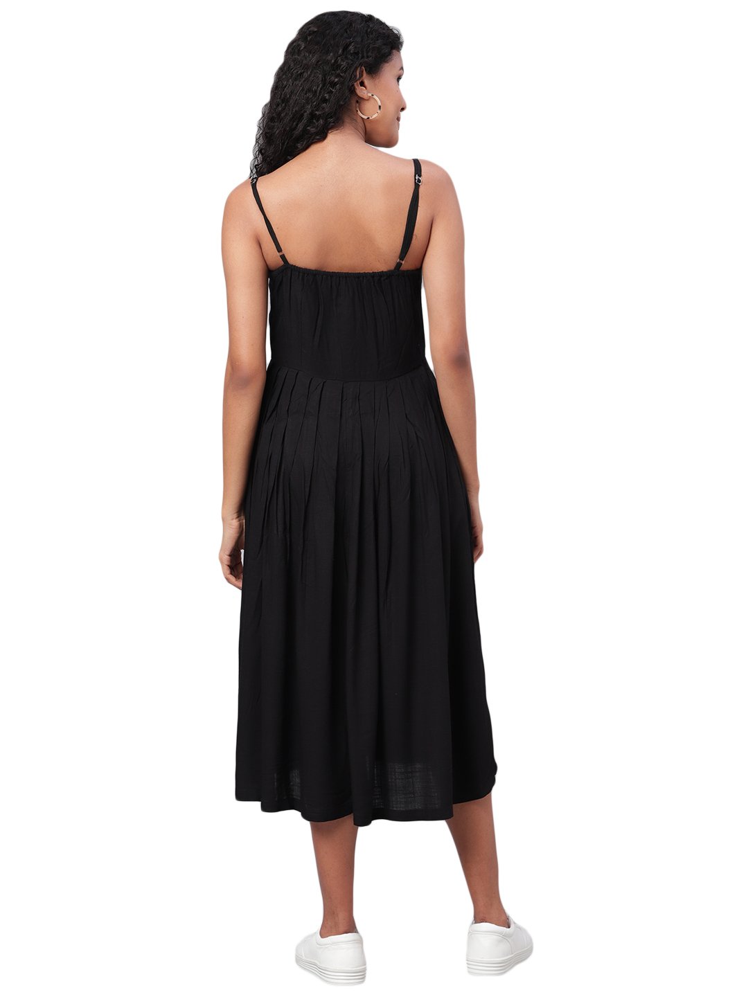 Women's Black Solid Sleeveless Cotton Streps Neck Casual Dress - Vartalaap