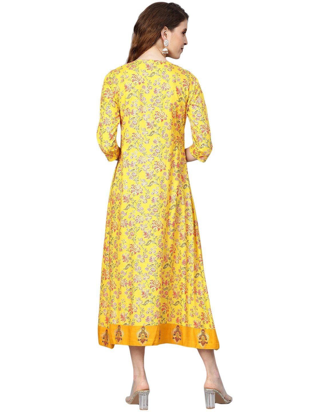 Women's Yellow Printed 3/4 Sleeve Cotton Slub Round Neck Casual Dress - Vartalaap