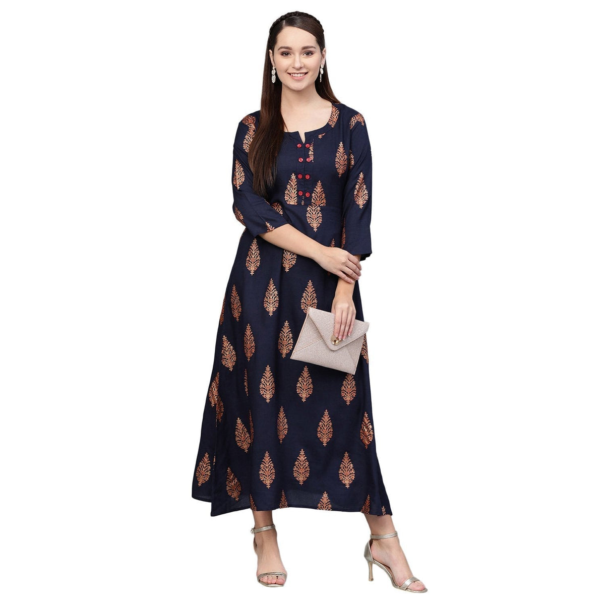 Women Navy Blue Cotton Printed Dress by Vartalaap (1 Pc Set)