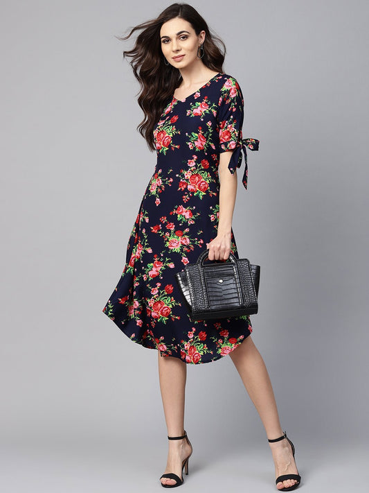 Women's Multi Polyester Printed Half Sleeve V Neck Dress - Vartalaap
