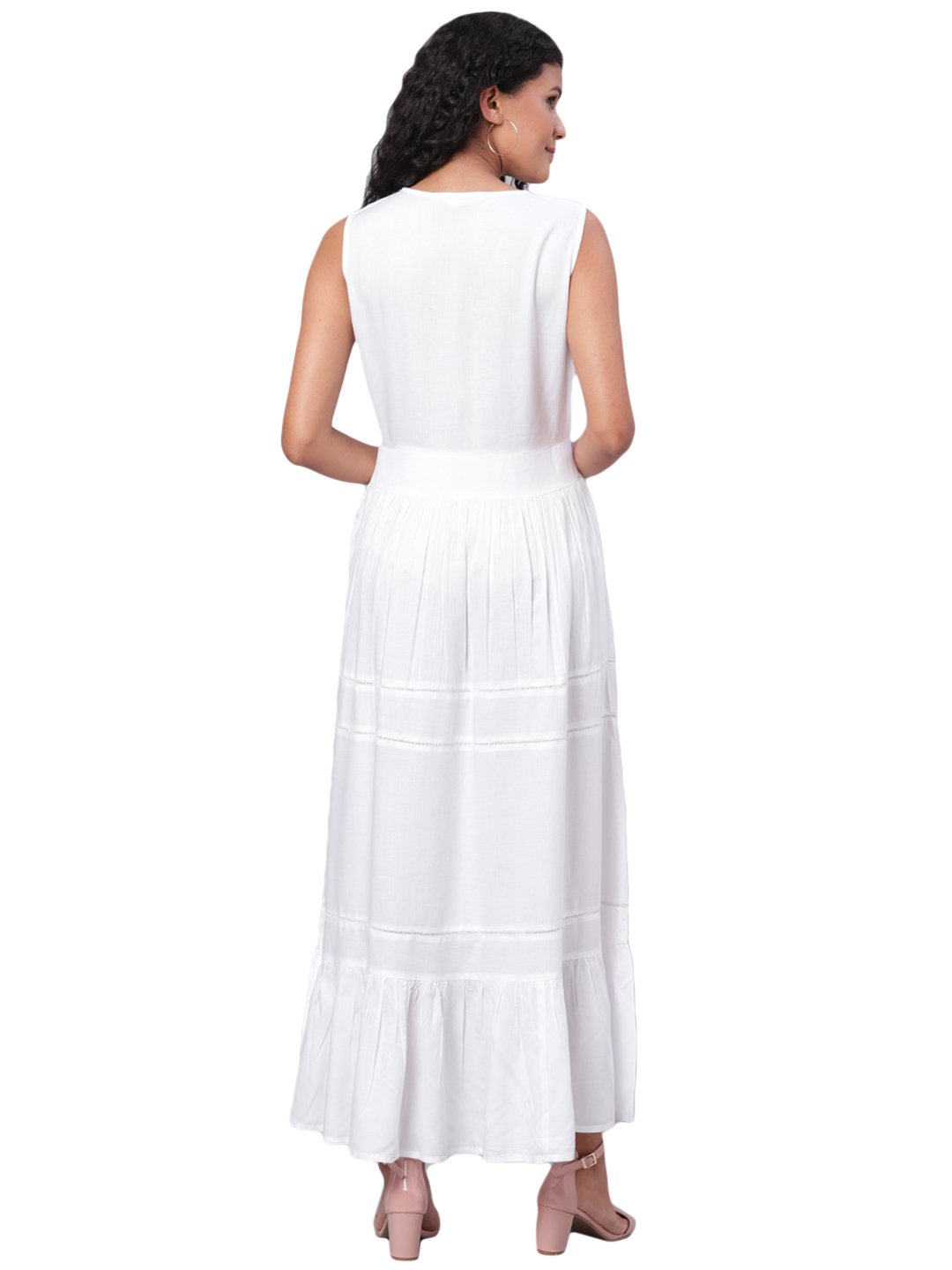 Women's White Solid Sleeveless Cotton V Neck Casual Dress - Vartalaap