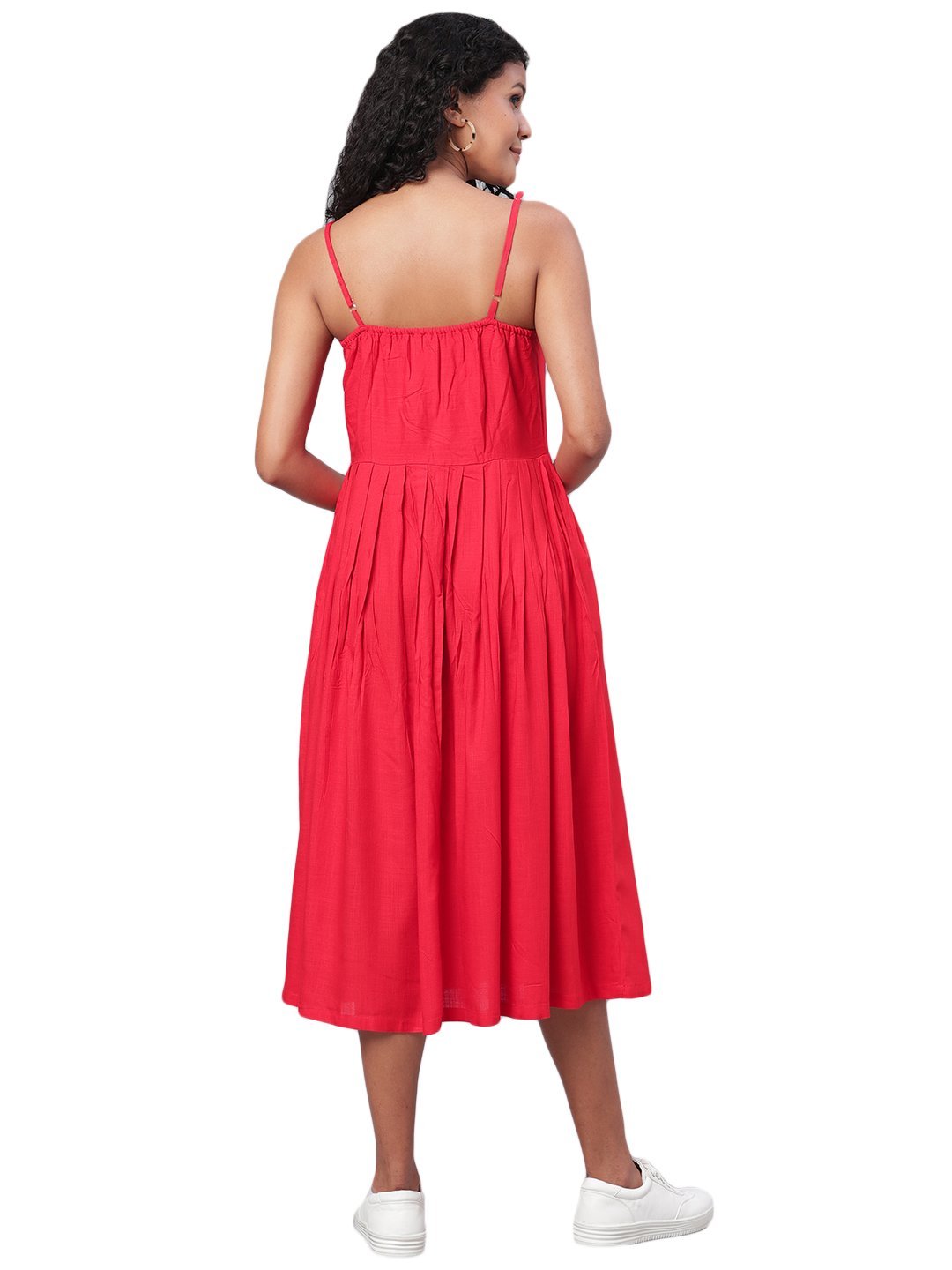 Women's Red Printed Sleeveless Cotton Slub Streps Neck Casual Dress - Vartalaap