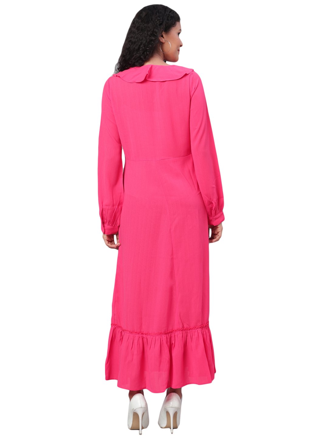 Women's Pink Solid Full Sleeve Polyester V Neck Casual Dress - Vartalaap