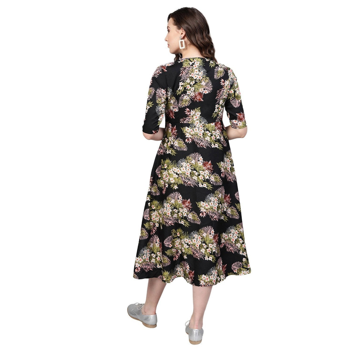 Women's Multi Polyester Printed 3/4 Sleeve Mandarin Collar Casual Dress - Vartalaap