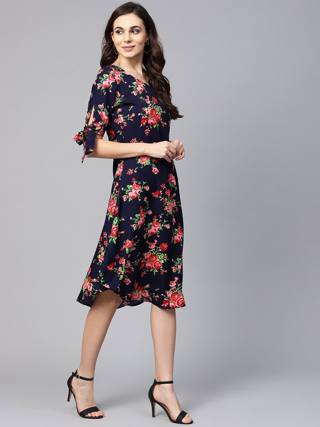 Women's Multi Polyester Printed Half Sleeve V Neck Dress - Vartalaap