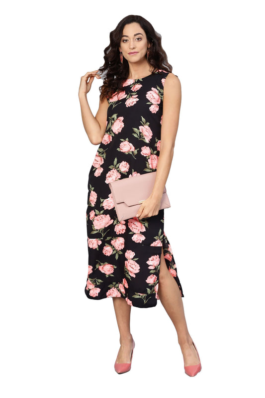 Women's Black & Pink Poly Crepe Printed Sleveeless Round Neck Dress - Vartalaap