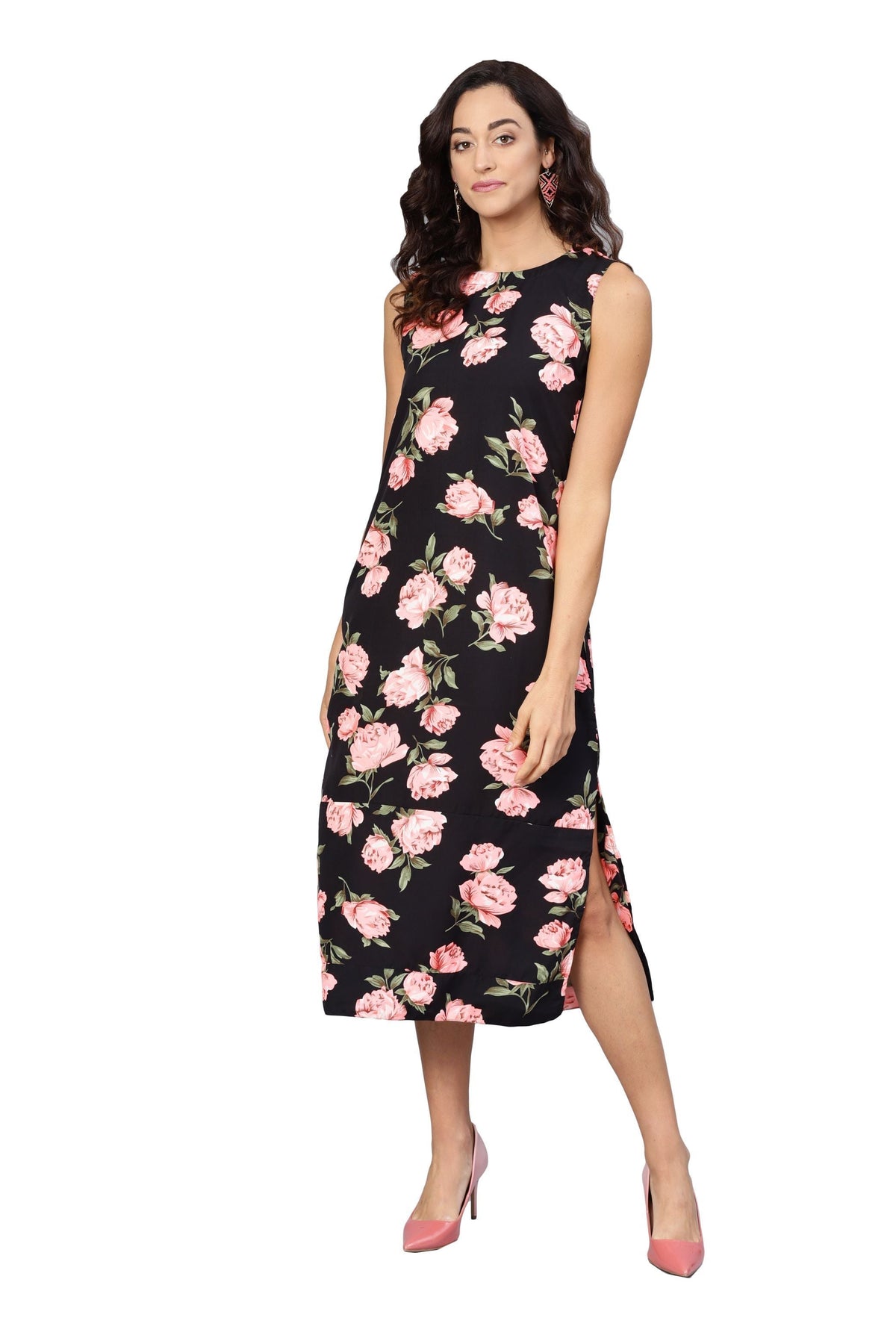 Women's Black & Pink Poly Crepe Printed Sleveeless Round Neck Dress - Vartalaap