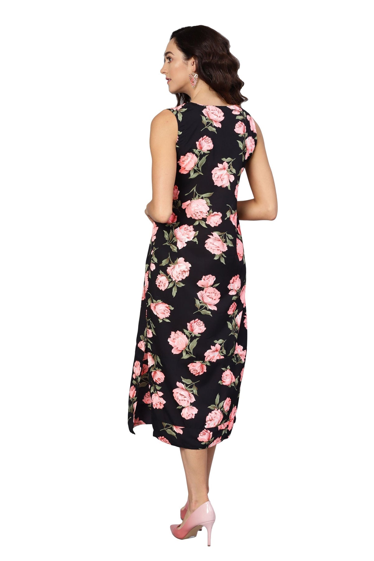 Women's Black & Pink Poly Crepe Printed Sleveeless Round Neck Dress - Vartalaap