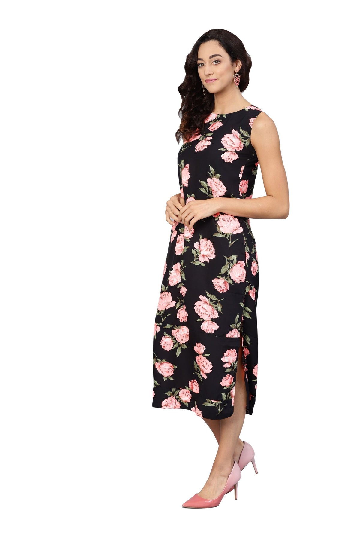 Women's Black & Pink Poly Crepe Printed Sleveeless Round Neck Dress - Vartalaap