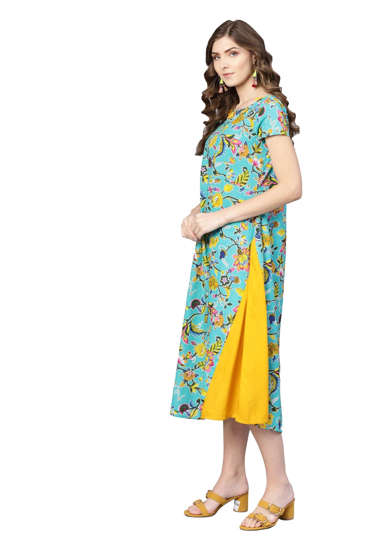 Women's Multi Cotton Printed  Round Neck Dress - Vartalaap