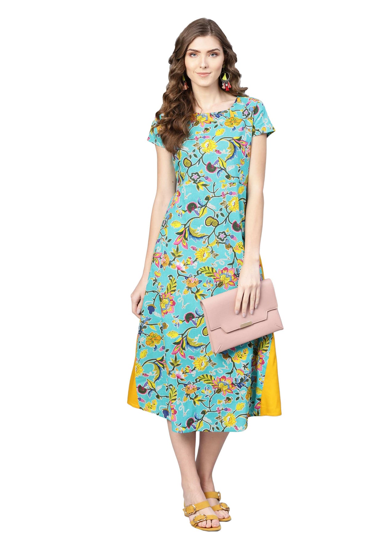 Women's Multi Cotton Printed  Round Neck Dress - Vartalaap