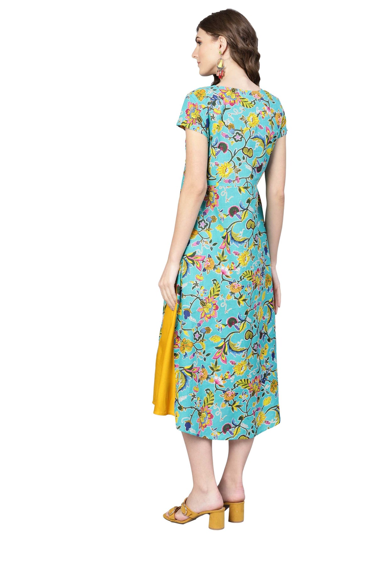 Women's Multi Cotton Printed  Round Neck Dress - Vartalaap