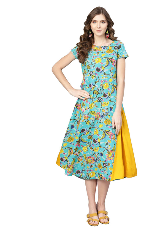 Women's Multi Cotton Printed  Round Neck Dress - Vartalaap