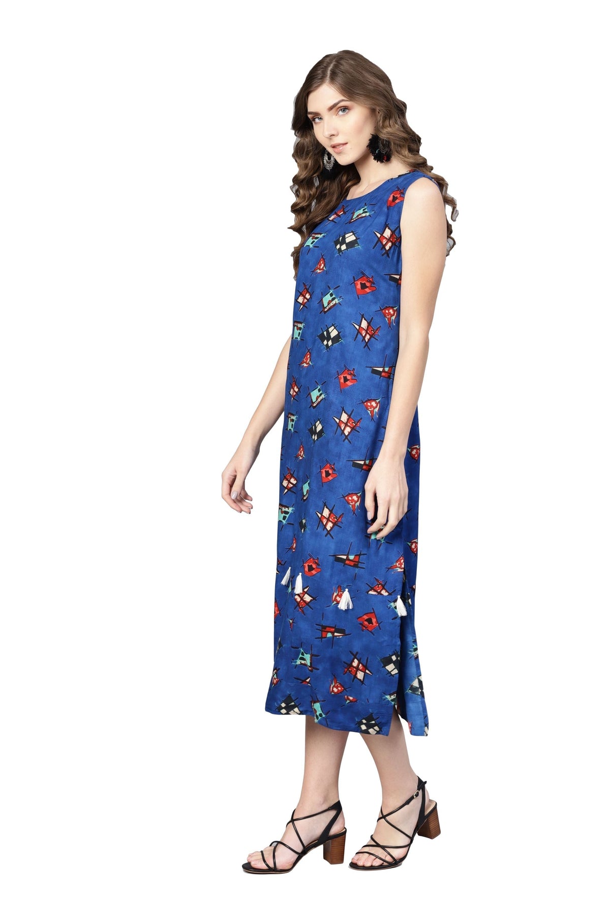 Women's Blue Rayon Printed Sleveeless Round Neck Dress - Vartalaap