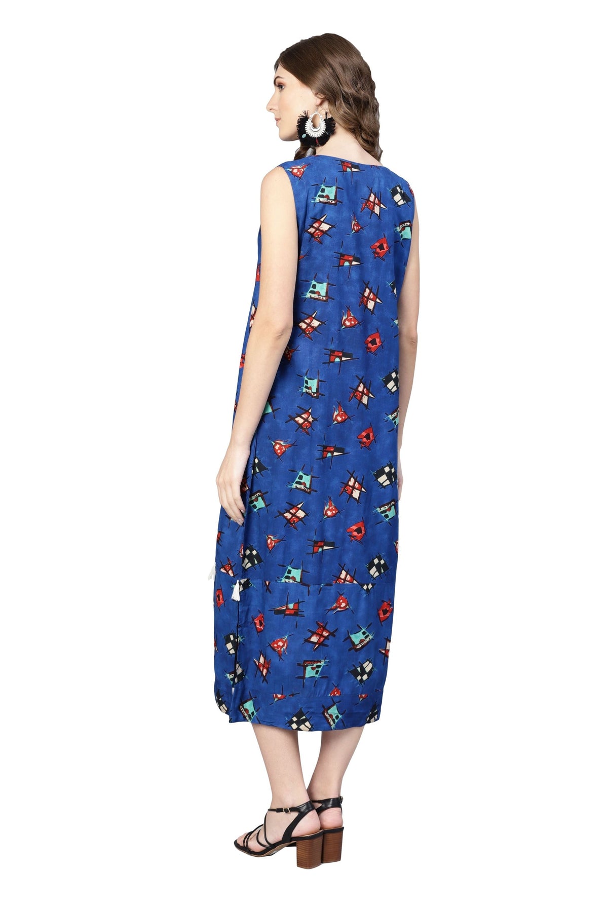 Women's Blue Rayon Printed Sleveeless Round Neck Dress - Vartalaap