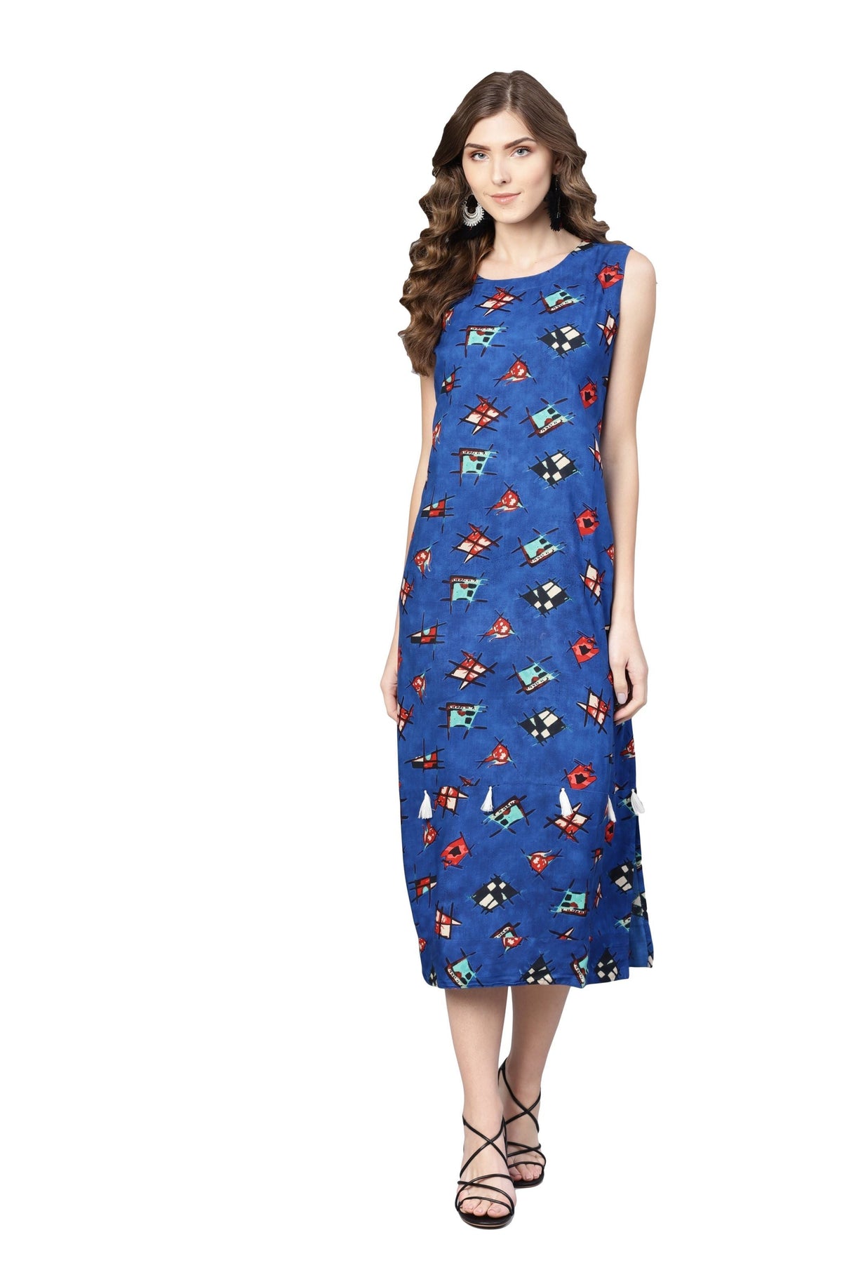 Women's Blue Rayon Printed Sleveeless Round Neck Dress - Vartalaap