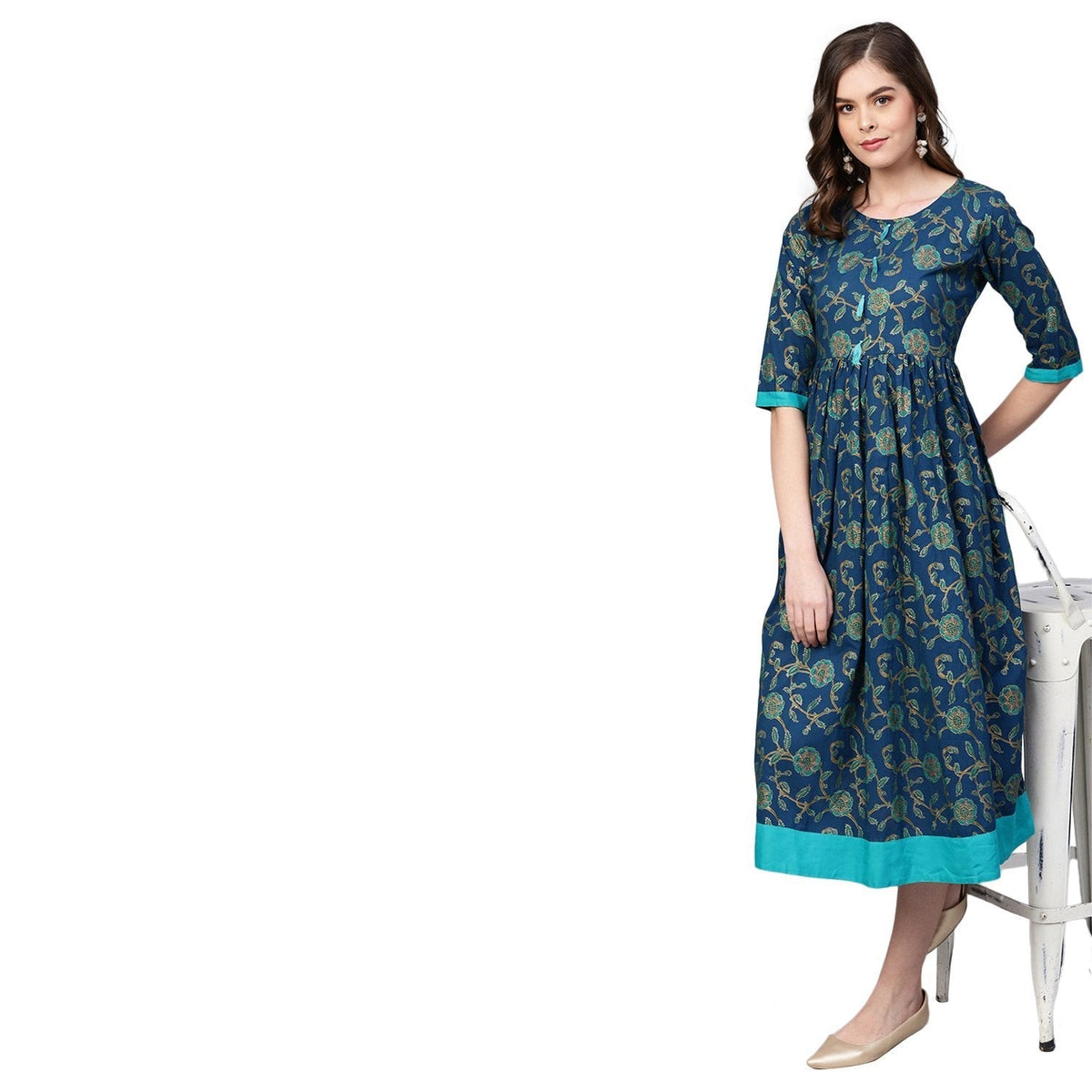 Women Blue Cotton Printed Dress by Vartalaap (1 Pc Set)