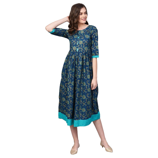 Women Blue Cotton Printed Dress by Vartalaap (1 Pc Set)